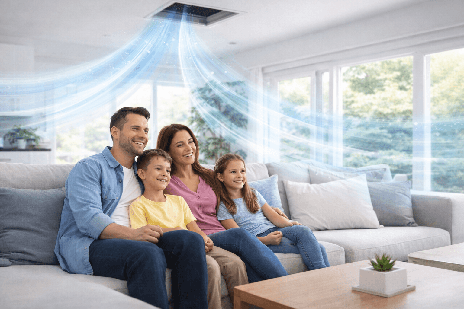 Family enjoying clean air in their home