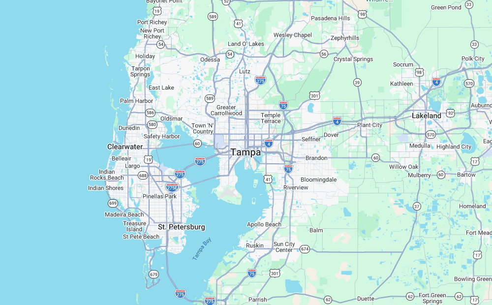 Google Maps snapshot of the Tampa Bay service area